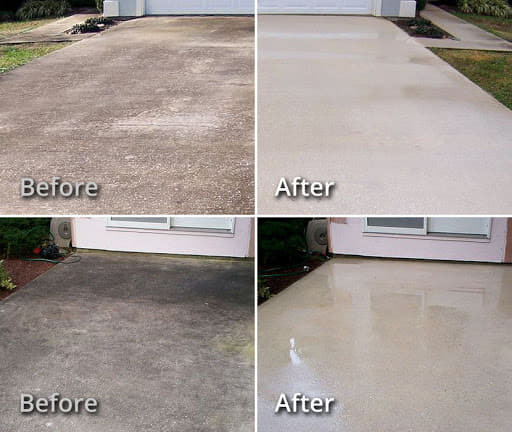 Under Pressure Exterior Cleaning image of a driveway before and after cleaning.