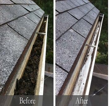 Under Pressure Exterior Cleaning image of gutters before and after cleaning.