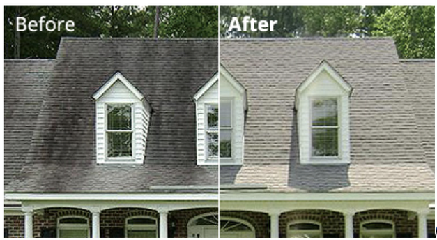 Under Pressure Exterior Cleaning image of a shingle roof before and after cleaning.