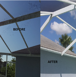 Under Pressure Exterior Cleaning image of a pool screen before and after cleaning.